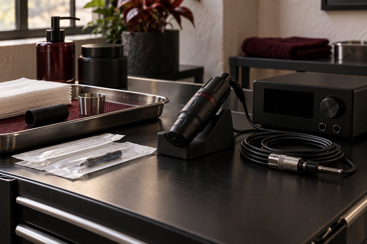 Unbranded tattoo equipment concept with a rotary-style machine, power unit and cable