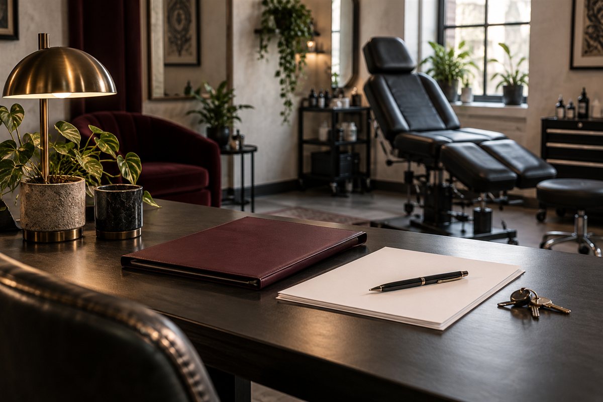 Studio planning desk with a burgundy folder, blank paperwork and treatment chair in the background