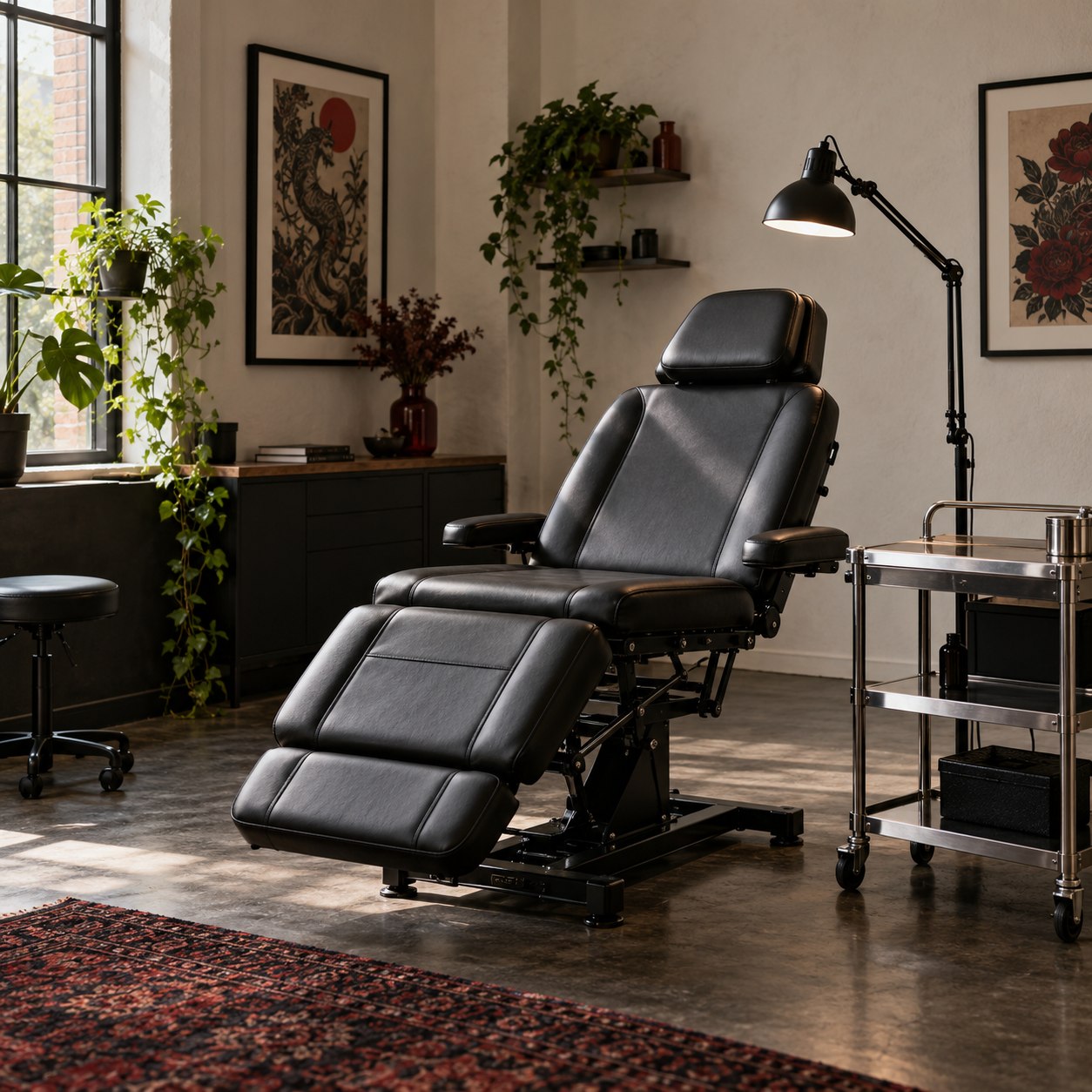 AI-generated studio concept with a black treatment chair, adjustable lamp and steel equipment trolley